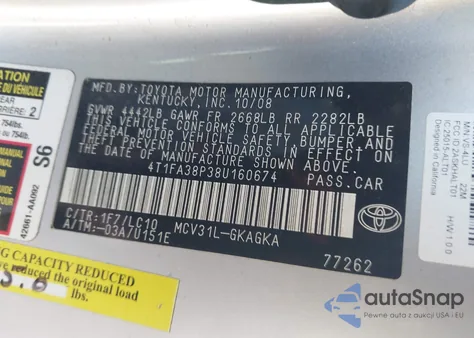 2008 Toyota Camry Solara Sle z USA, uszkodzony, nr VIN 4T1FA38P38U160674